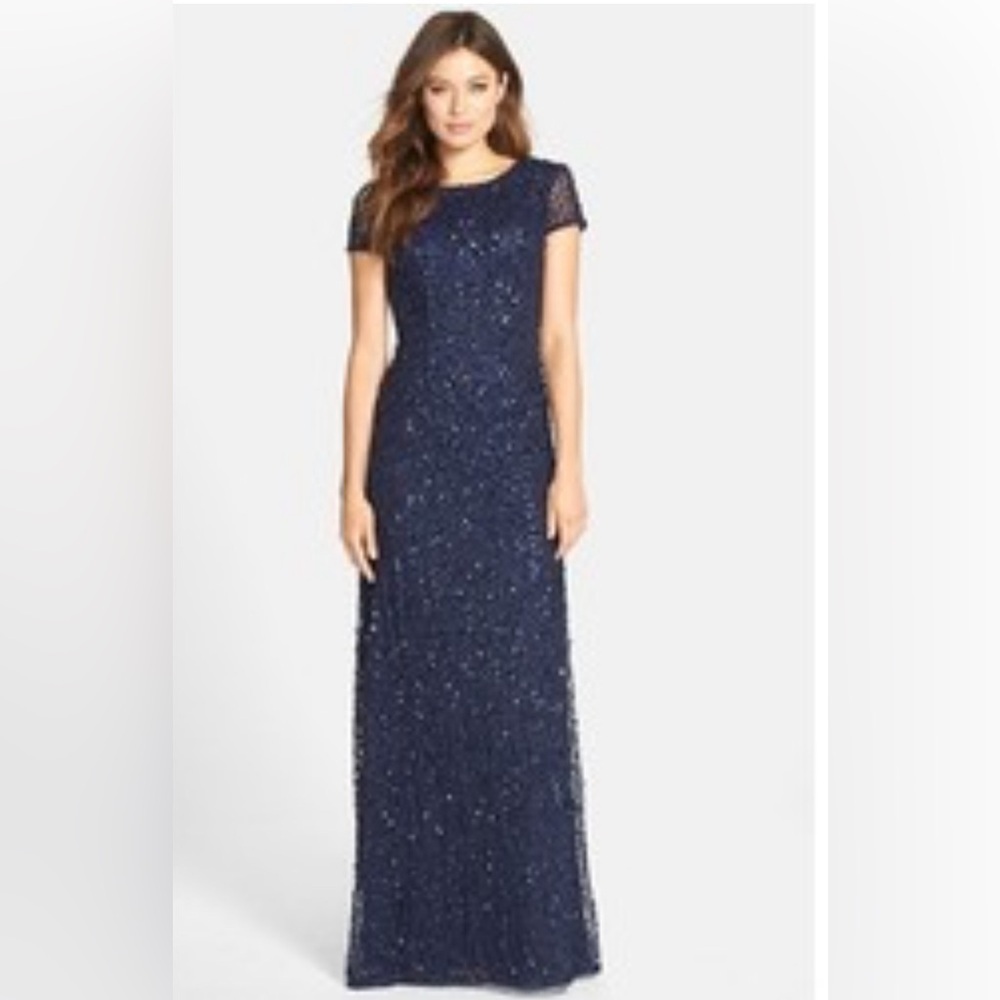 Papel studio by Adrianna Papell navy scoop back sequin dress 10